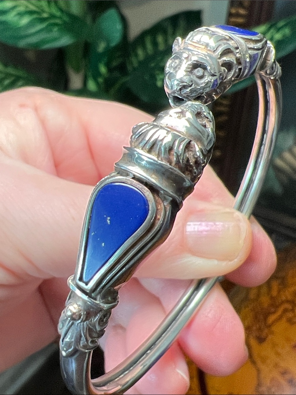 Vintage Lion Head Lapis Lazuli Gemstone Sterling Silver Bypass Cuff Bracelet